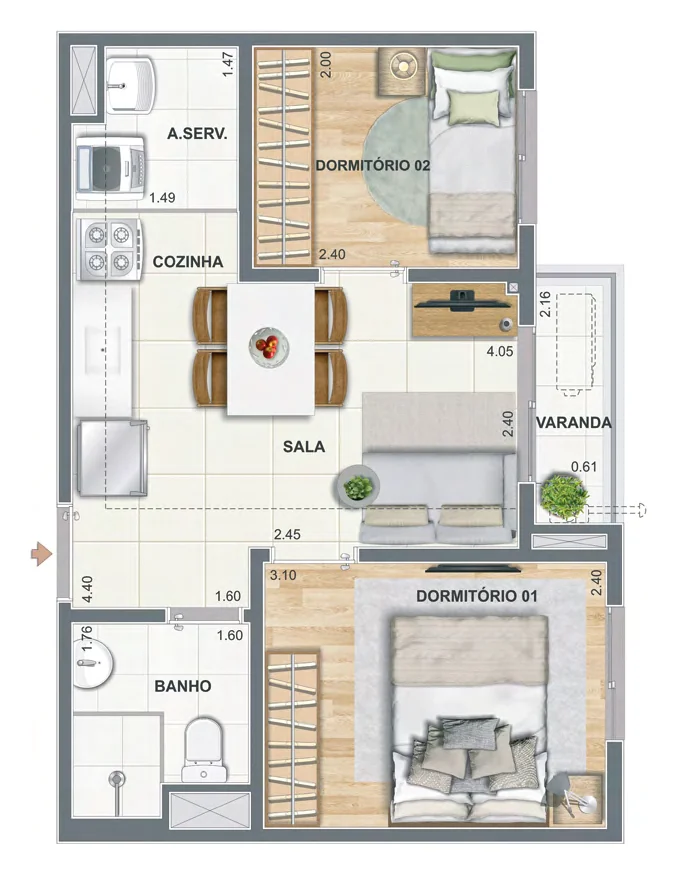 Planta baixa do apartamento de 2 quartos com varanda de 35,90 m² do Luzes do Rio Candeeiro da Cury no Rio de Janeiro