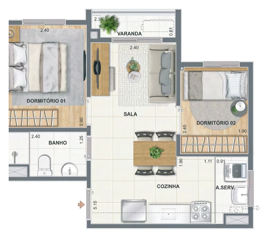 Planta baixa do apartamento de 2 quartos com varanda de 37,55 m² do Luzes do Rio Condomínio Candeeiro próximo ao Porto Maravilha